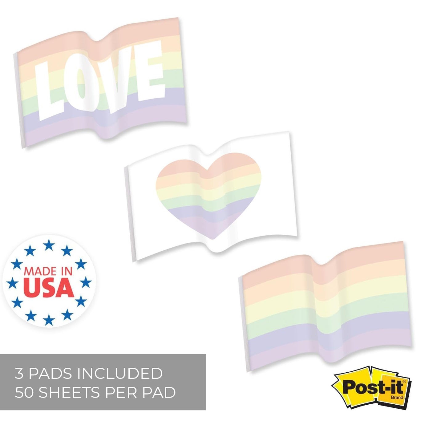 Gay Pride Flag Sticky Note Assortment / 4" x 3" Repositionable LGBTQ Love Sticky Notes/Set of 3 Rainbow Heart Flag Pads/Made in The USA