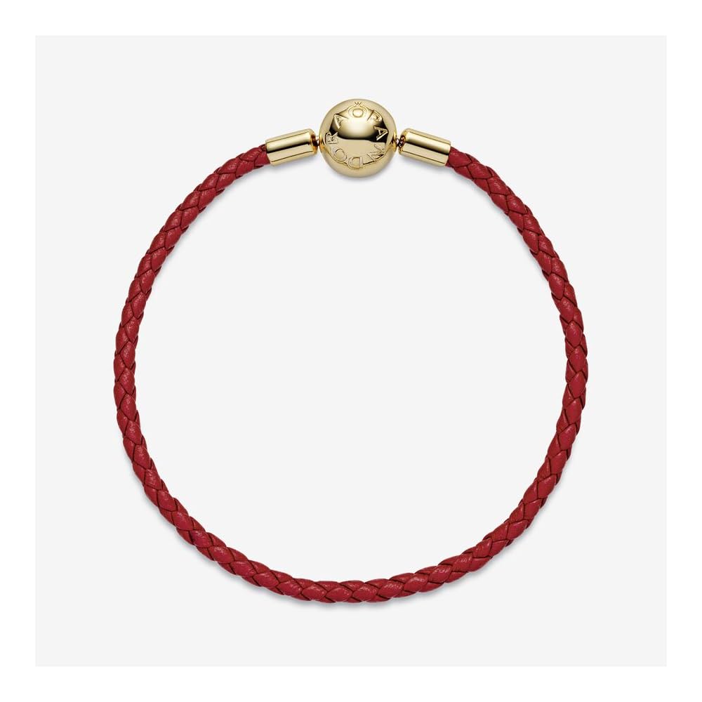 PANDORA Moments Woven Leather Bracelet with 18k Gold-Plated Clasp - Compatible Moments Charms - Features Shine & Leather - Gift for Her - Red, 6.9", with Gift Box