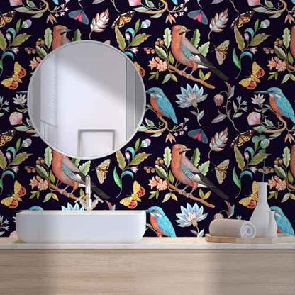 Vintage Black Floral Bird Peel and Stick Wallpaper Dark Botanical Design with Butterfly Removable Self Adhesive Vinyl Contact Paper for Cabinets Bathroom Wallpaper 17.7" x 70.8"