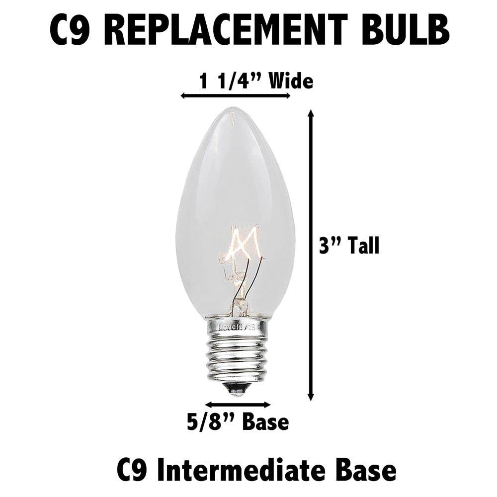 Novelty Lights 25 Pack C9 Ceramic Outdoor Christmas Replacement Bulbs, Red, E17 Intermediate Base, 7 Watt