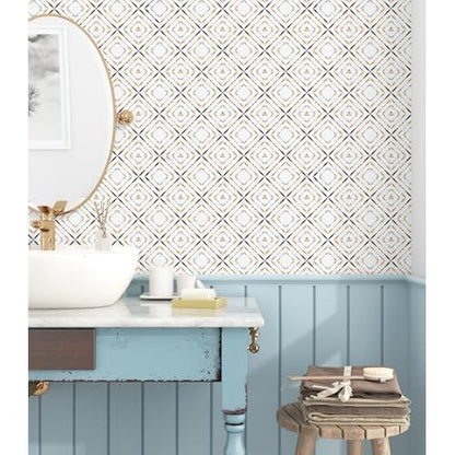 Kitchen Backsplash Geometric Wallpaper Diamond Self Adhesive Contact Paper for Countertops Vinyl White/Black/Gold Modern Accent Wall Paper Bathroom Living Room Walls Shelf Liner Cabinet