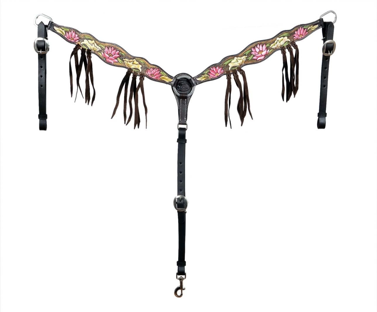 CHALLENGER Horse Horse Western Pink Lotus Hand-Painted Leather Bridle & Breast Collar Tack Set 78HR102B