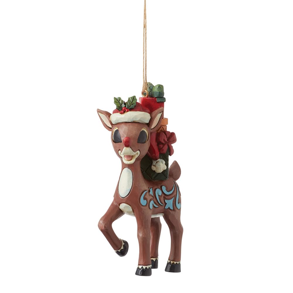 Enesco Rudolph Traditions by Jim Shore Carrying a Stack of Presents Hanging Ornament, 4.13 Inch, Multicolor