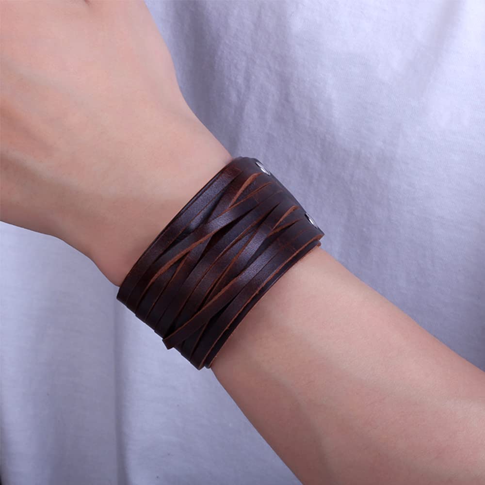 NIGHTCRUZ Punk Leather Cuff Bracelet, 2PCS Vintage Leather Wristband for Men Women