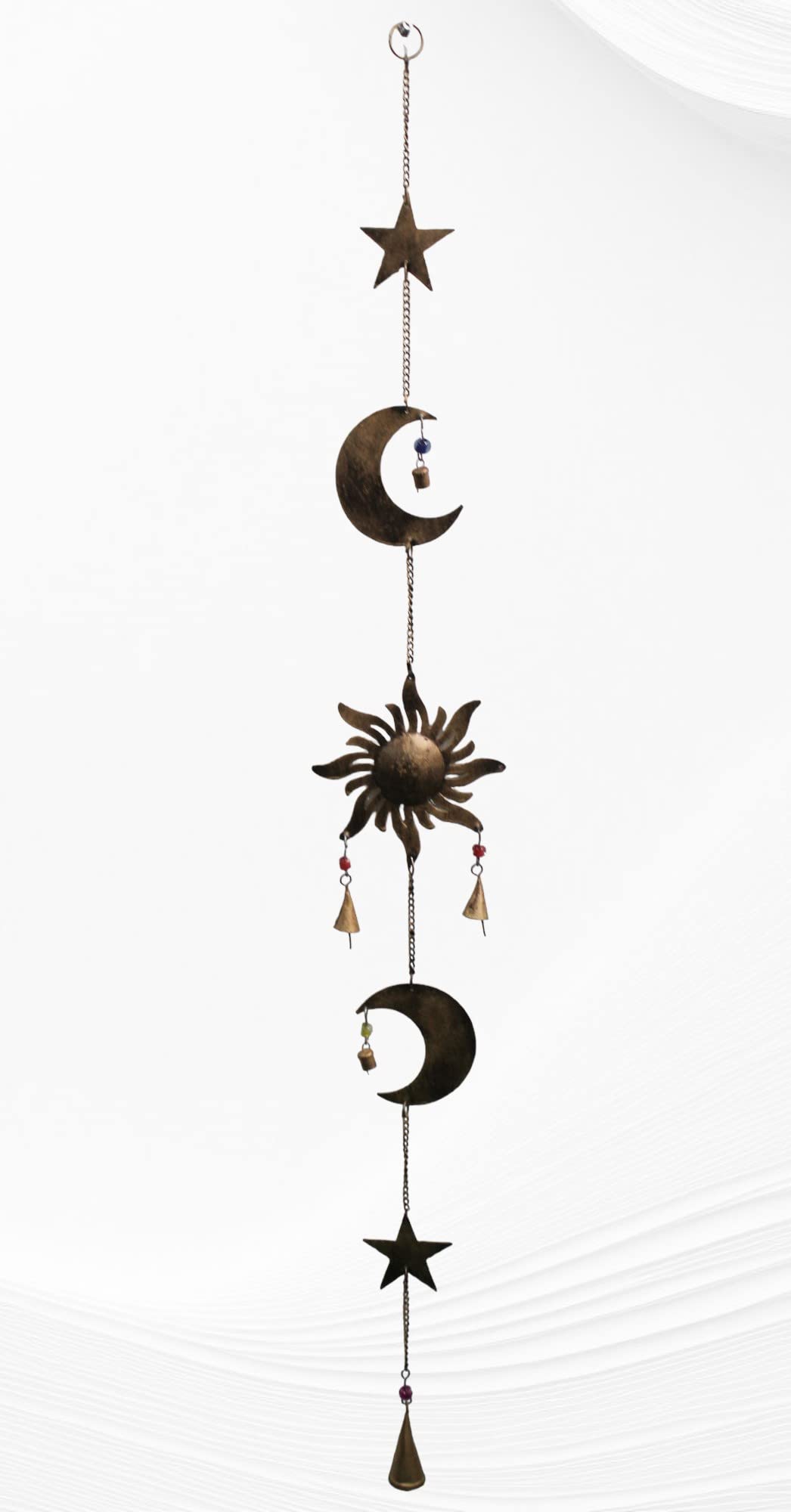43 Inch Metal Sun Moon Star Wind Chime – Antique Bronze Celestial Wall Hanging with Bells – Handcrafted Boho Home & Garden Decor for Balcony, Patio, Porch, Entryway.