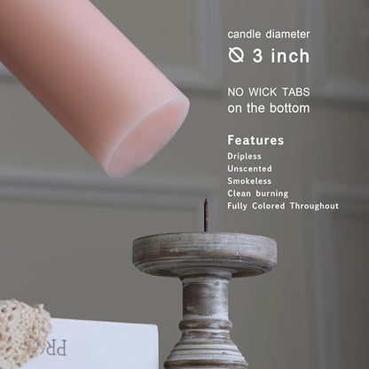 MOZEAL 3" x 4" Hand-Poured Unscented Blush Candle, Dripless Light Pink Pillar Candle Set of 3, Long Clean Burning, Approx 72 Hours Burn Time, Rustic Country Style Decor, Pearl Blush Rose