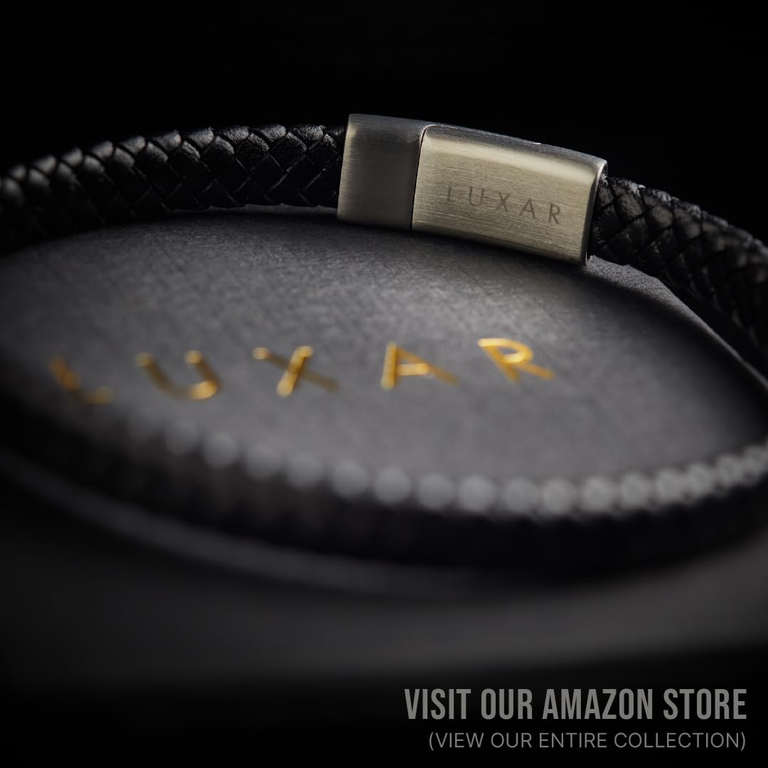 LUXAR Men’s Genuine Leather Bracelet | Interwoven Black Leather Bracelets with Brush Stainless Steel Clasp | Minimalist, Designer Jewelry for Men (Silver, Medium)