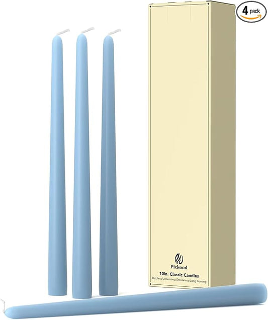 10-Inch Tall Dripless Taper Candles Set of 4 - Baby Blue Tapered Candles, Perfect for Halloween,Fall - Smokeless, Unscented, Long Burning - Hand Poured, Colored Tall Candlesticks - Baby Azul