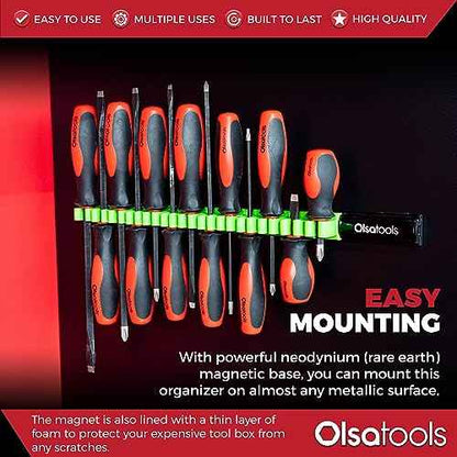 Olsa Tools Magnetic Screwdriver Organizer | Professional Quality Tool Organizer | Fits up to 16 Screwdrivers | Black and Green
