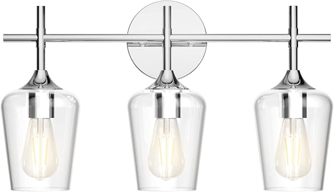 Ralbay Vintage 3 Light Vanity Light Fixture Industrial Chrome Bathroom Light Fixtures Over Mirror Clear Glass Chrome Vanity Light for Bathroom Wall Lighting Fixtures Over Mirror