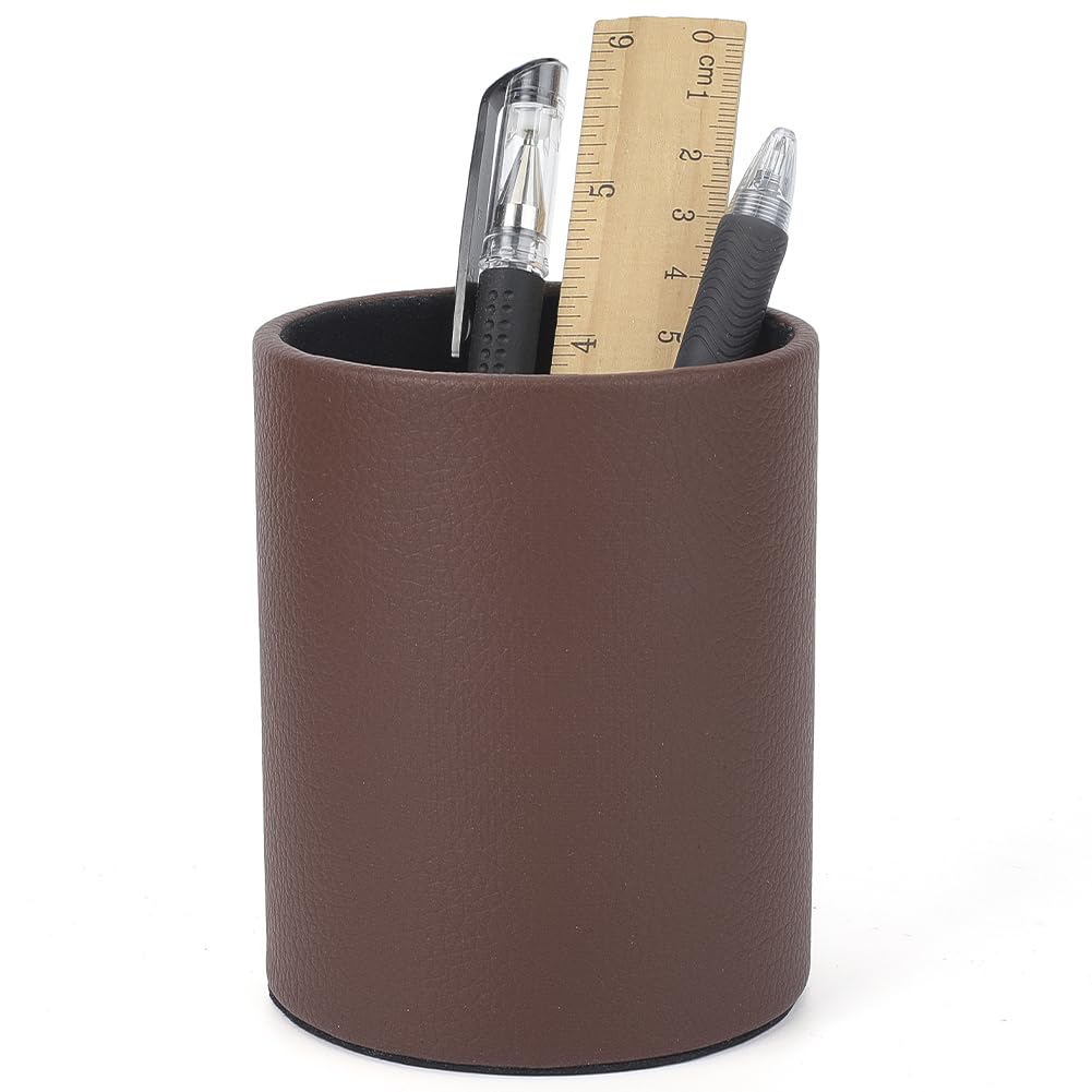 CALFOVERA PU Leather Round Pencil Cup Holder for Desk Multifunctional Stationery Container Luxury Brown Leather Pens Glitter Bling Makeup Brush Stroage Box Case Desktop Organizer for Office
