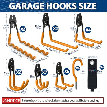 3-H Garage Wall Hooks 31 Pack, Garage Hooks Heavy Duty with Extra Welding Spots, Garage Organizer for Garden, Lawn, Yard Tools, Chairs, Ladders, Weed Eater, Shovel, Blower(Oranger)