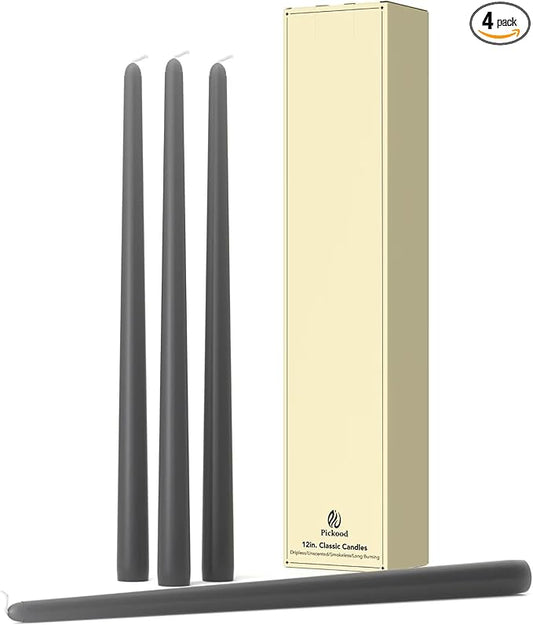 12-Inch Tall Dripless Taper Candles Set of 4 - Black Gray Tapered Candles, Perfect for Spring - Smokeless, Unscented, Long Burning - Hand Poured, Colored Tall Candlesticks - Dark Gray