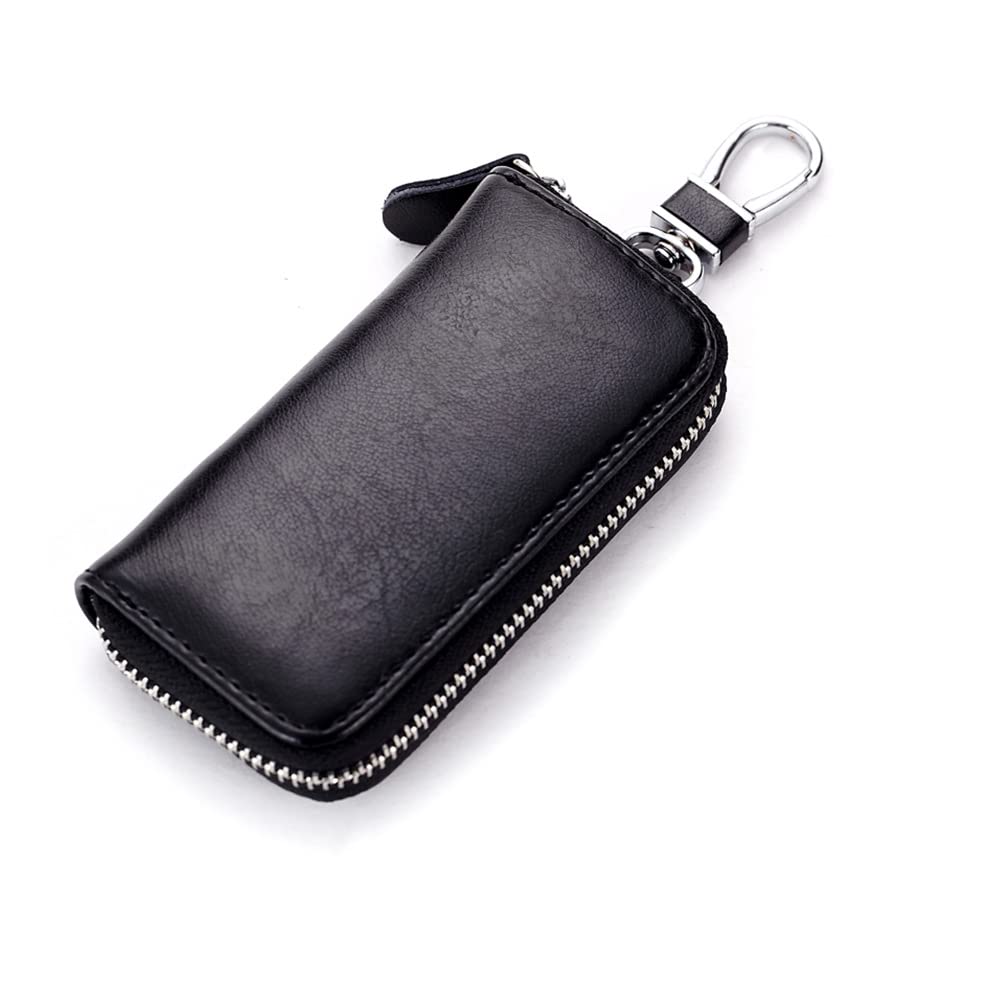 Genuine Leather Key Holder Bag with 2 Card Slots & 6 Hooks, Access Card Key Case Wallet for Men & Women (Black)