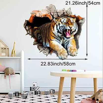 3D Tiger Wall Decal Smashed Wild Animal Wall Sticker 23.62x23.62inch Removable Self-Adhesive Vinyl Jungle Animal Wall Mural for Nursery Playroom Kids Room Bedroom Wall Decors