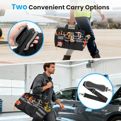 Heavy Duty Tool Bag, 17 Inch Tool Bags for Men with Multi-Pockets, Waterproof Tool Box Organizer Storage Bag with Adjustable Shoulder Strap, Soft Handle, Durable Zipper for Men, Dad (Black-Grey)