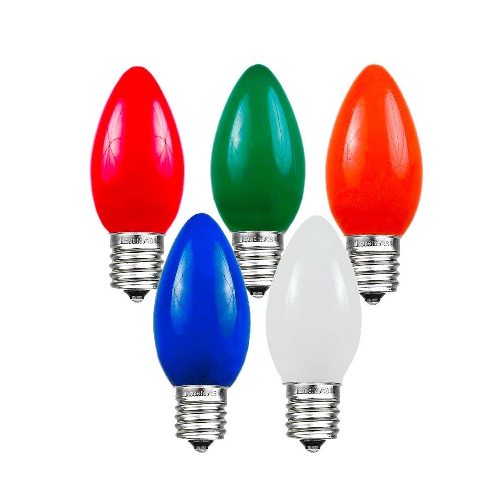 Novelty Lights Ceramic Christmas Replacement Bulbs - Outdoor Individual Bulbs for Events, Holiday Parties, Patios, and More - C7/E12 Candelabra Base, 5 Watt Lights (Multicolor, 25 Pack)