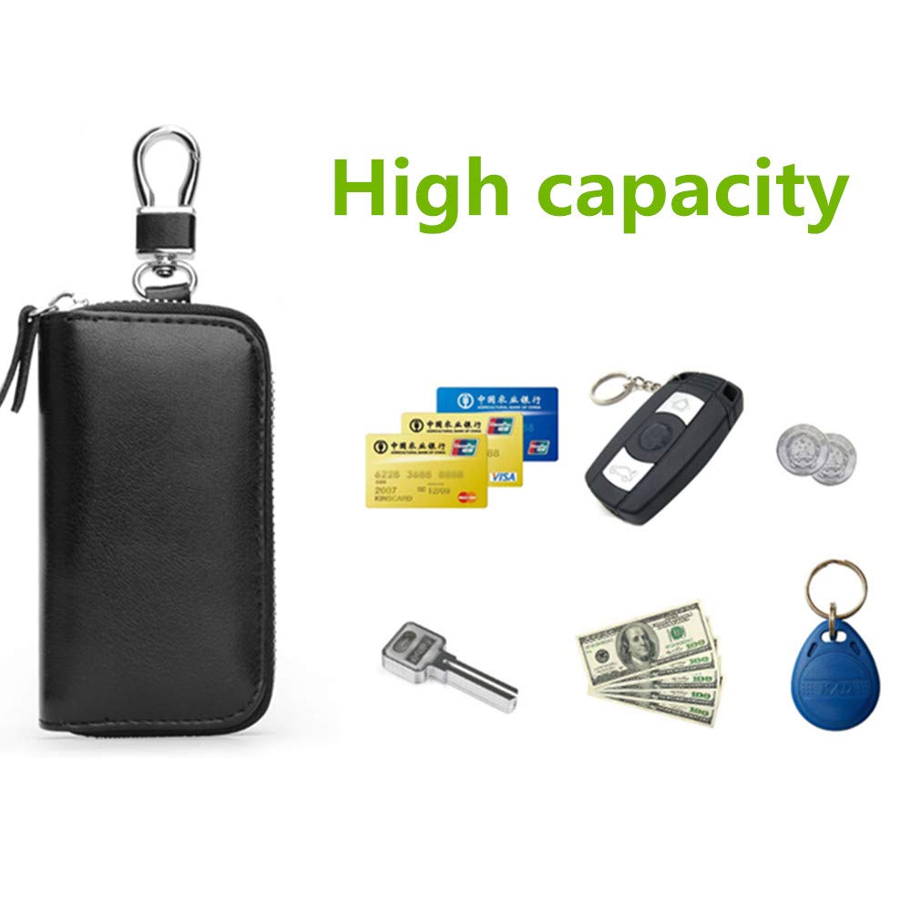 Genuine Leather Key Holder Bag with 2 Card Slots & 6 Hooks, Access Card Key Case Wallet for Men & Women (Black)
