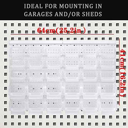 Transparent Garage Organizer Bins, 30PCS Wall Mounted Storage Small Parts Bins With White Pegboard to Store Nuts,Bolts, Screws, Nails