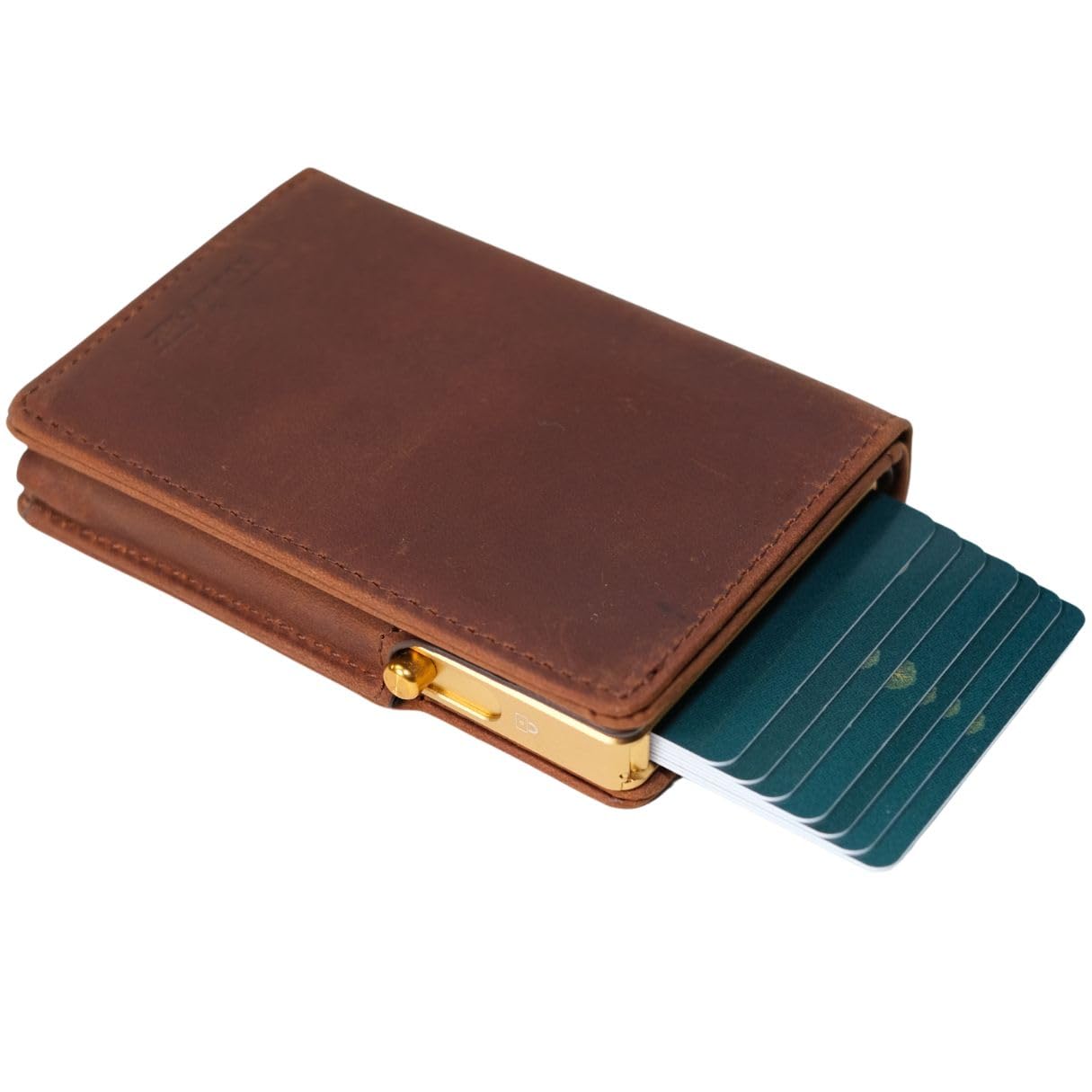 Double Oak Essentials Pop-Up Cardholder - RFID Blocking Minimalist Leather Wallet for Men - Slim Design, Top-Grain Leather, Holds Cards & Cash (Brown w/Gold Cardholder)