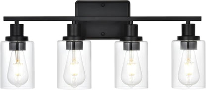 Black Bathroom Light Fixtures Over Mirror,4-Light Bathroom Vanity Light with Clear Glass Shade,Modern Wall Sconces Lighting for Bedrrom,Living Room,Kitchen,Cabinet