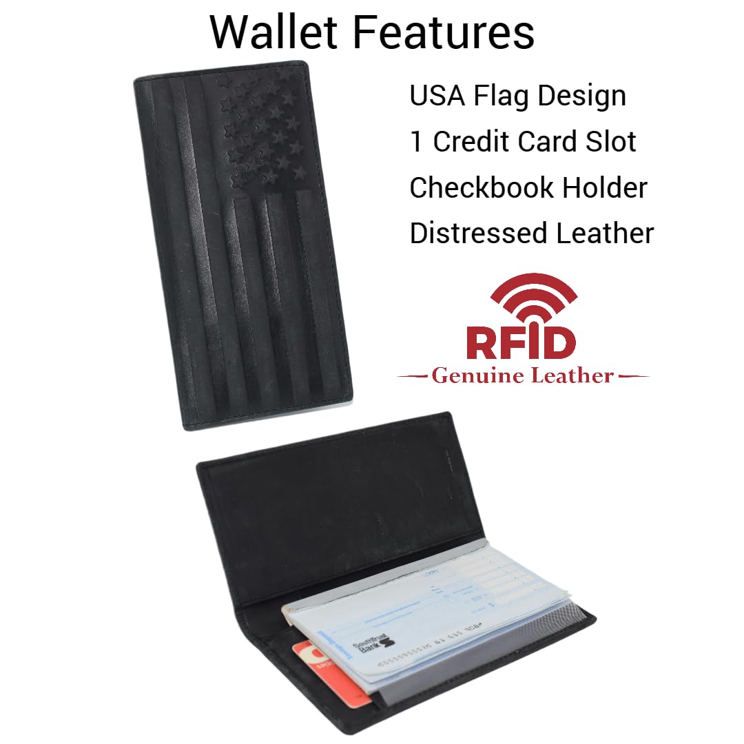 American Flag Checkbook Cover Vintage Leather Patriot Cowboy Wallet for Men (Black)