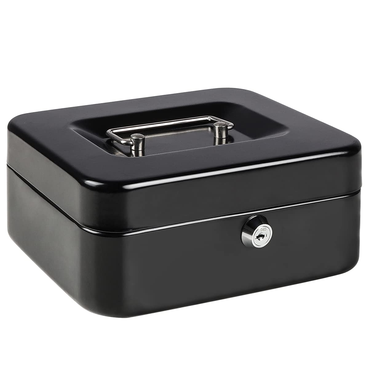 Medium Metal Cash Box with Key Lock Safe and Money Tray for Security,Money Saving Organizer, Parrency Large Money Box with Key Lock，7 4/5" x 6 4/5" x 3 3/5"，Black