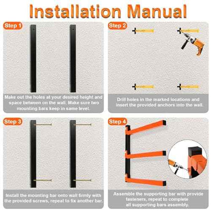 3-Level Lumber Storage Heavy Duty Metal Wall Mount, Wood Tool Box Organizer Rack, Workshop Indoor & Outdoor (4 Pack)