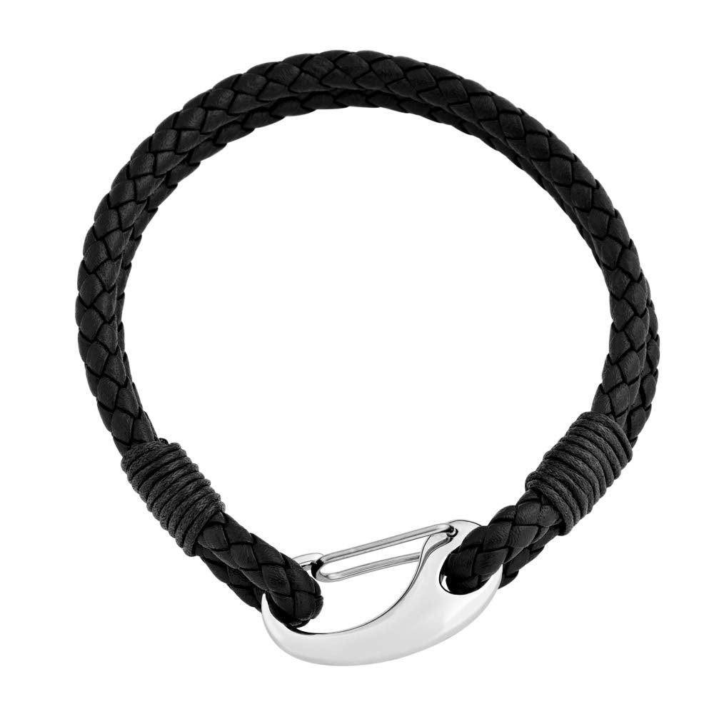 Edforce Braided Genuine Leather 2-Strand Cuff Bracelet with Stainless Steel Clasp (Black)