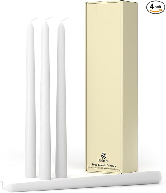 10-Inch Tall Dripless Taper Candles Set of 4 - White Tapered Candles, Perfect for Wedding,Dinner - Smokeless, Unscented, Long Burning - Hand Poured, Colored Tall Candlesticks - Blancas