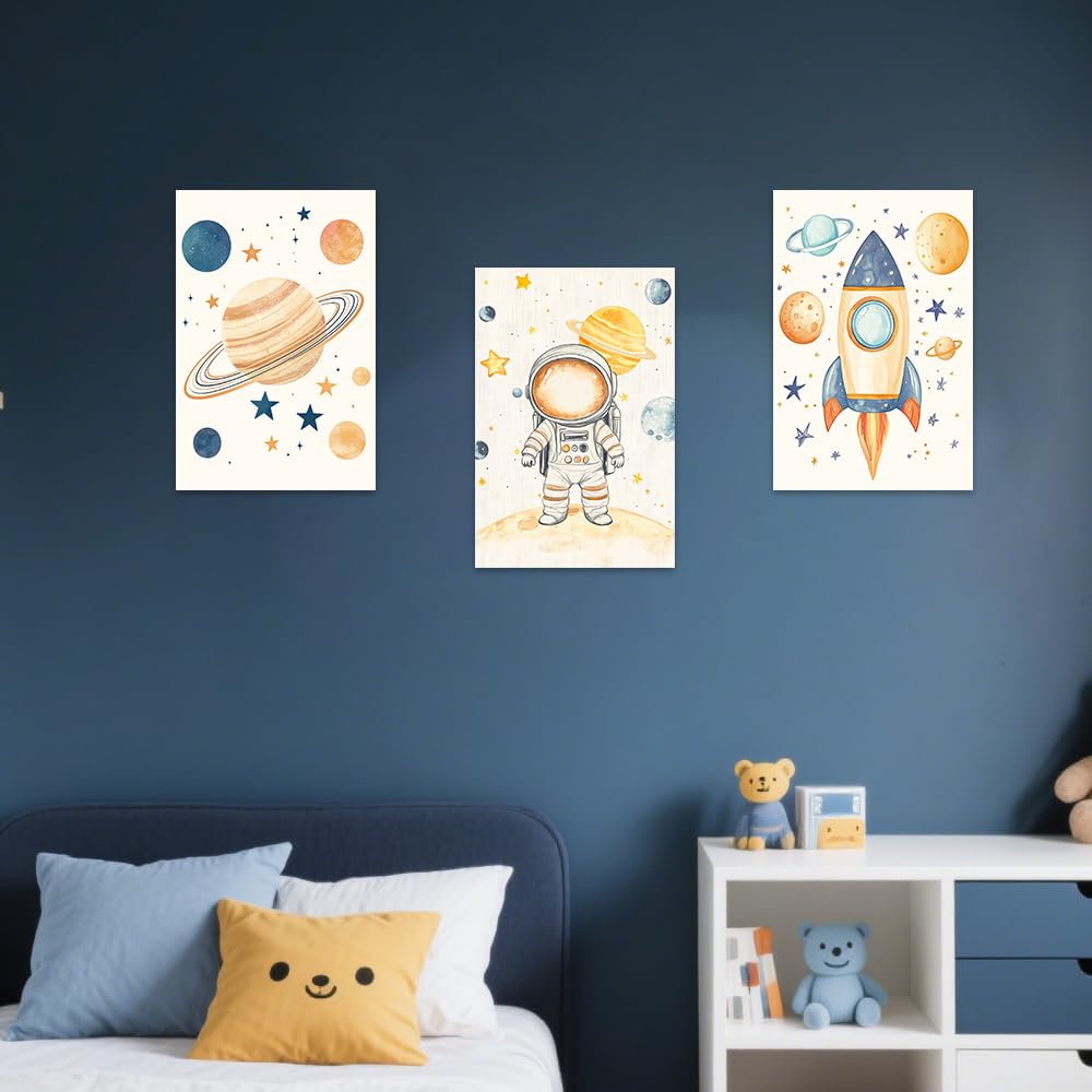 SWQYLB 3 Piece Space Wall Art for Kid Room Nursery Decor Outer Space Theme Astronauts Pictures Canvas Prints Framed Toddler Boys Girls Room Decor (11"x14"x3)