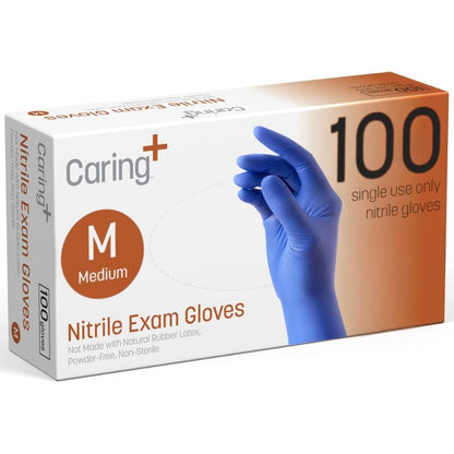 Caring Nitrile Exam Gloves (100ct), Powder Free and Not Made with Natural Rubber Latex, Gloves for Medical Use, Cleaning, Food Prep and More, Medium