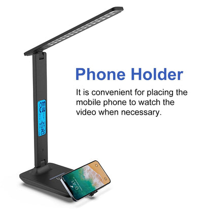 Multifunctional LED Desk Lamp with Wireless Charger,USB Charging Port,Clock,Phone Holder,Desk Lamps for Home Office,Eye-Caring Reading Lamp,Study Lamp for Boys,Girls,Teens,White