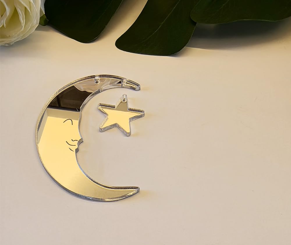 Set of 20 Crescent Moon and Star,Christmas Moon and Star Hanging Ornament for Window &Christmas Tree Decoration (Siver Mirror)