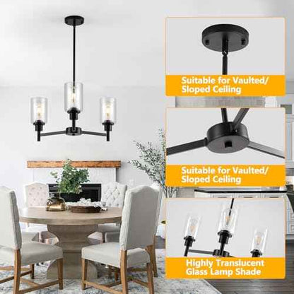 9MMML Farmhouse 3-Light Glass Chandelier, Modern Black Chandelier for Kitchen, Dining Room, Living Room, Foyer, E26 Bulb Base