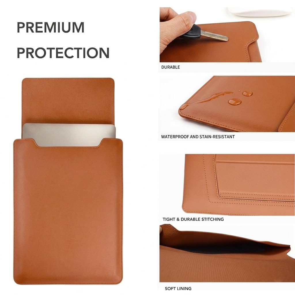 Gyanm 4-in-1 Laptop Sleeve with Stand and Mouse Pad, Faux Leather Protective Case with Accessory Pouch for 13.3-14 Inch Laptops, Brown