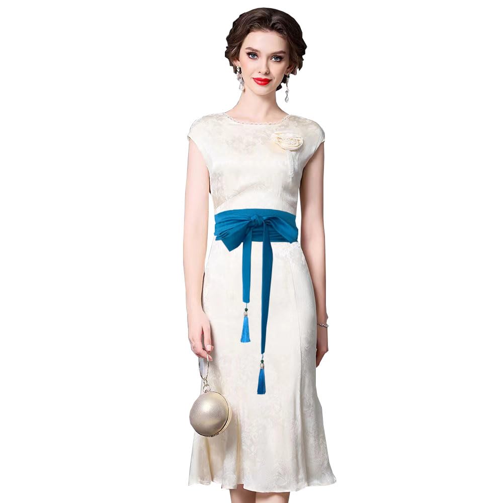 laelinggt Women's belt tassel strap double loop imitation silk tie belt lace up waist cover for dress