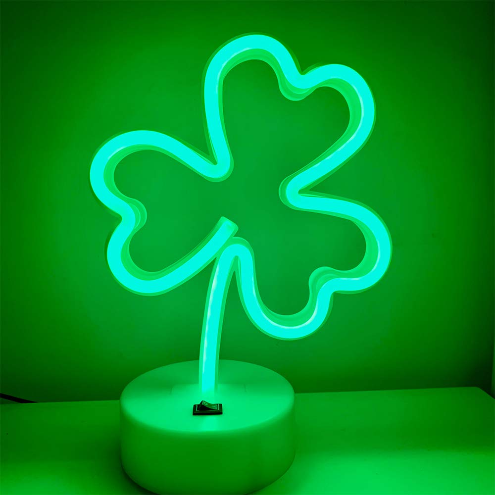 ENUOLI LED Neon Signs Lights Green Clover Shaped Neon Shamrock Night Light USB & Battery Powered Night Lamp Best Decoration Lights for St. Patrick's Day Gifts Kids Room Bedroom Bar(Shamrock)