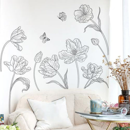 Creative 3D Black Flower Wall Decals Boho 8 Tulip Flowers Wall Stickers DIY Peel and Stick Sketch Simple Line Garden Floral Plants Wall Decor for Kids Girls Bedroom Living Room Nursery Decoration