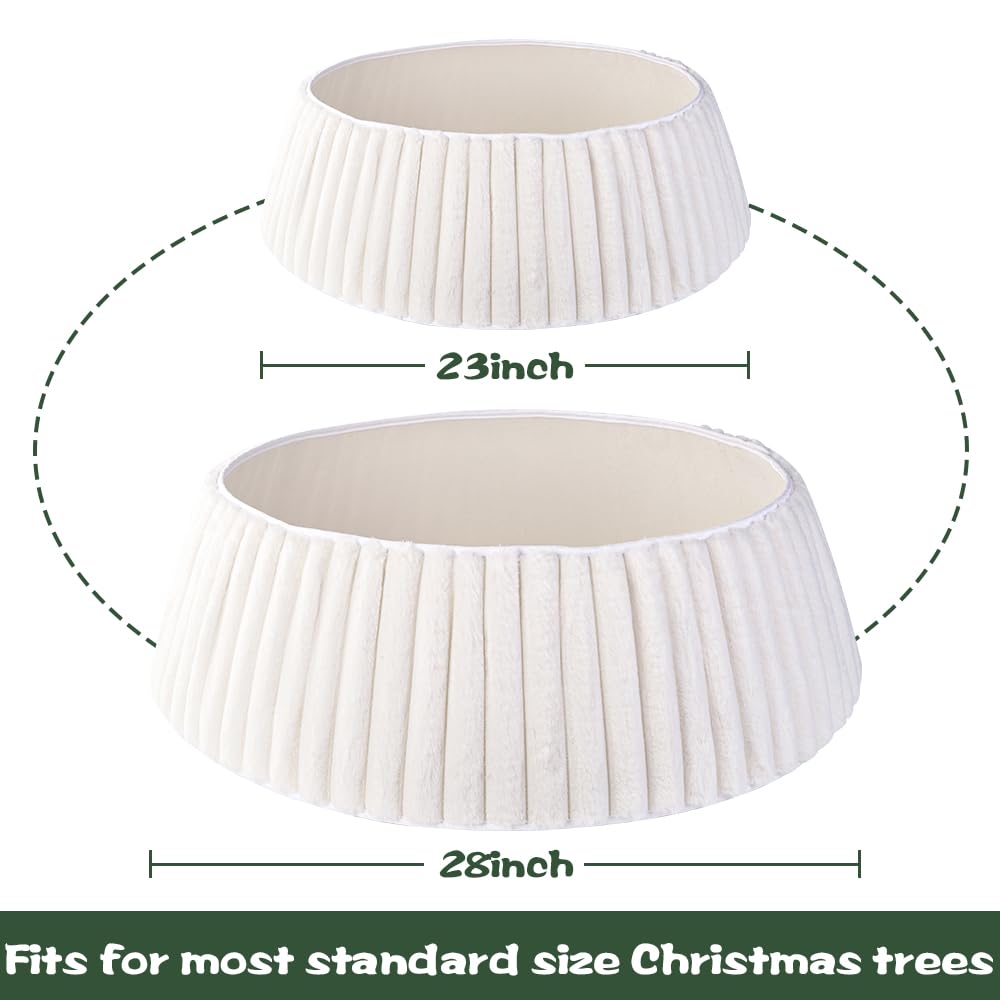Teeanzo 28 Inch Christmas Tree Collar White Stripes Plush Faux Fur, Soft Boho Xmas Tree Ring Beige Tree Skirt for Christmas Artificial Trees Holiday Party Home Decor