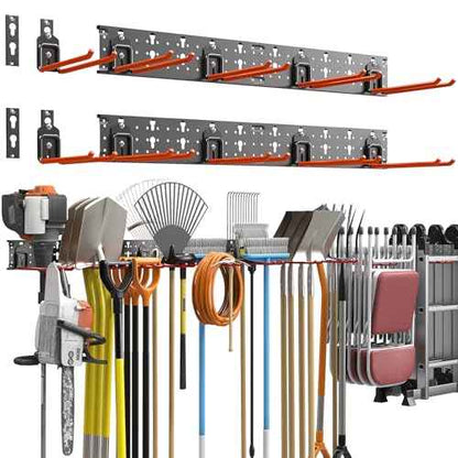 TORACK Garden Tool Organizer Wall Mount, Garage Folding Chair Storage Rack, Tools Rack for Shovels, Rakes, Broom, Ladders, Hooks for Keyhole Style Shelving Unit