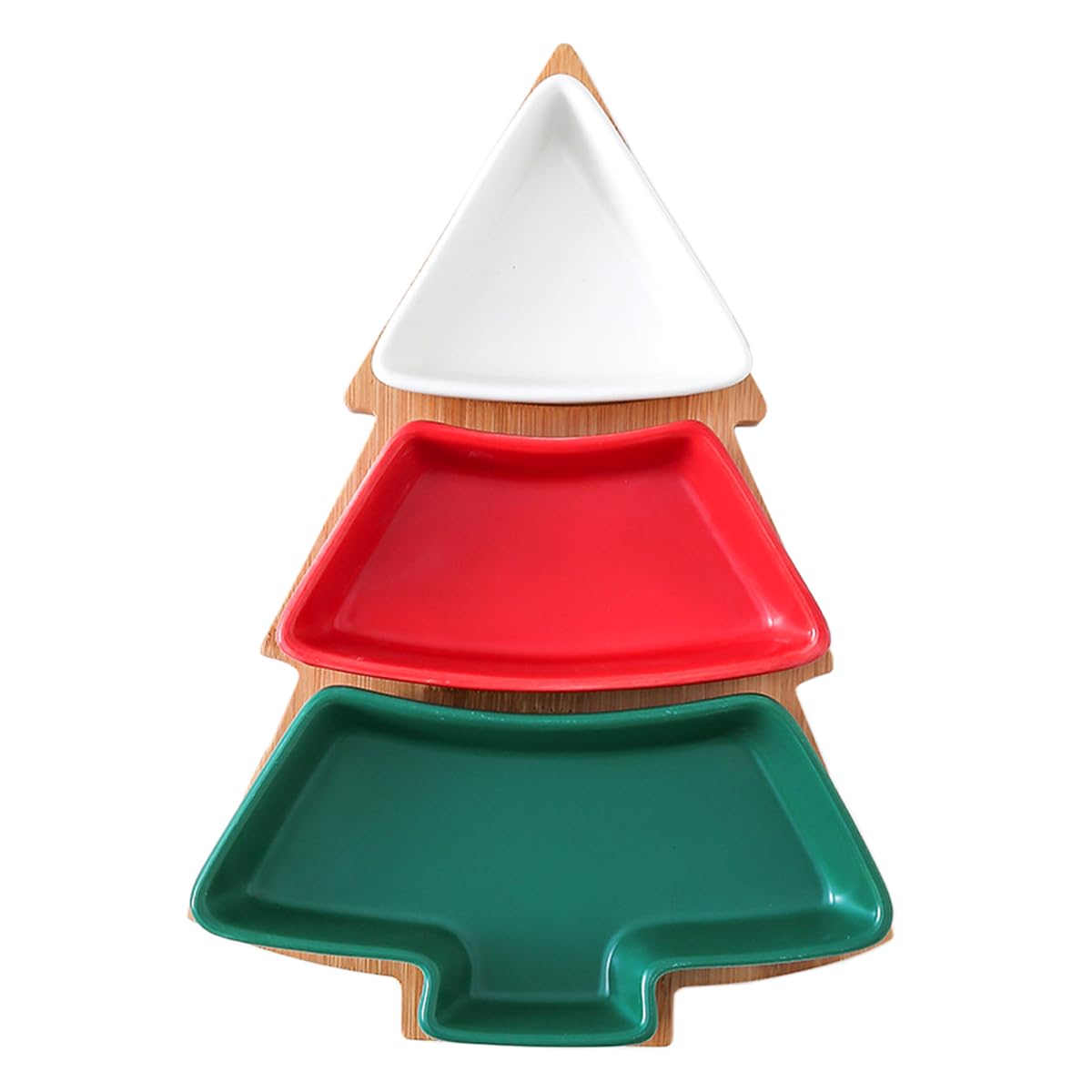 Colorful Christmas Tree Plate Chip & Dip Set, 12'' Ceramic Snack Plate with Bamboo Tray, Removable Porcelain Christmas Tree Appetizer Dessert Fruit Salad Saucers Bowl Cutlery Platter Serving Dish