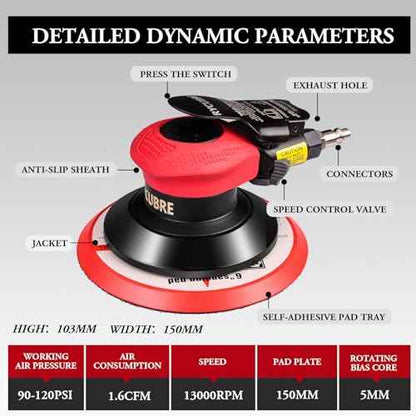 pneumatic Air Sander 5/6 Inch DA Palm Sander for auto body, High Speed Random Orbital Sander for Woodworking & Auto Polishing (6 Inch)