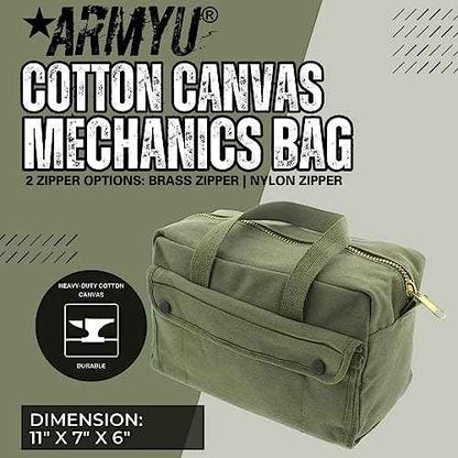 ARMYU Heavy Duty Small Tool Bag Tactical Cotton Canvas Mechanics Bag, 11" x 7" x 6", Olive - Brass Zipper