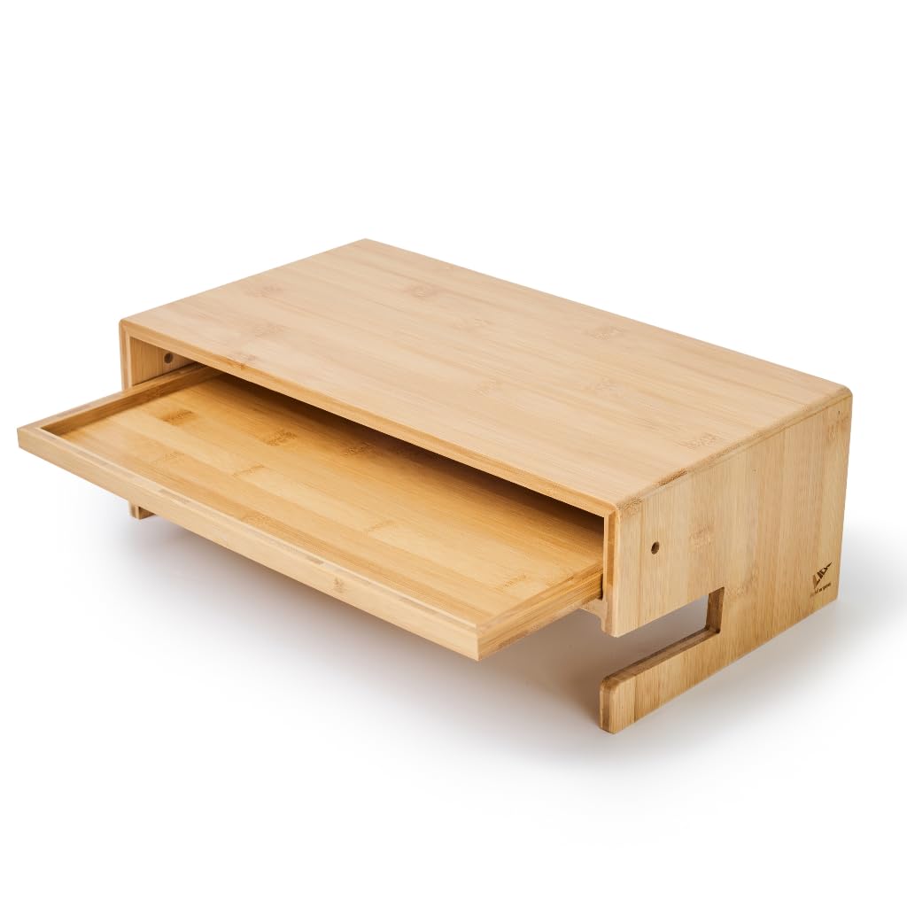 LICHIL Monitor Stand Desk Top Organizer with Storage Drawer & Phone Holder,Bamboo Monitor Stand with Keyboard Tray, Wide Monitor Riser Non Slip Desk Riser