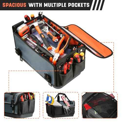 Heavy Duty Tool Bag with Wide Mouth, Full-Open Tool Bag, Tool Box Organizer Storage, Tool Tote with Adjustable Shoulder Strap, Portable, Waterproof, Multi-Pockets, Molded Base, Blue-grey