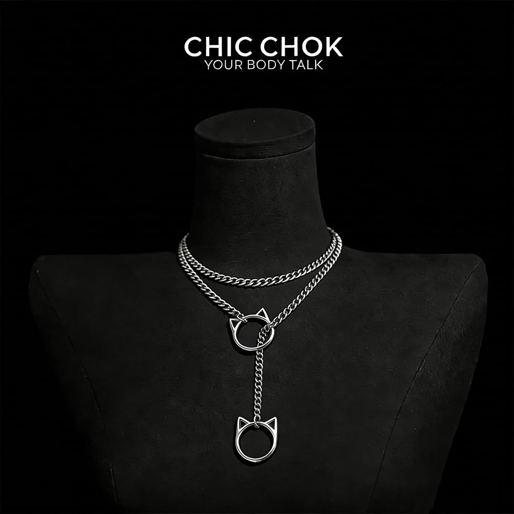 C CHIC CHOK YOUR BODY TALK Cat O-Ring Slip Chain Necklace Stainless Steel Cuban Chain Punk Choker Necklace Jewelry Gift for Women