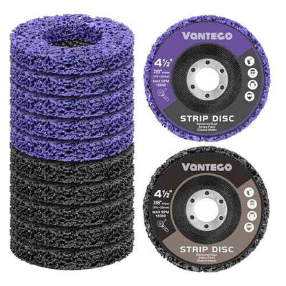 Vantego 10-Pack 4-1/2" Paint Stripping Discs, 5 Purple & 5 Black for Angle Grinder, Efficient Rust, Paint, and Adhesive Removal on Metal and Wood