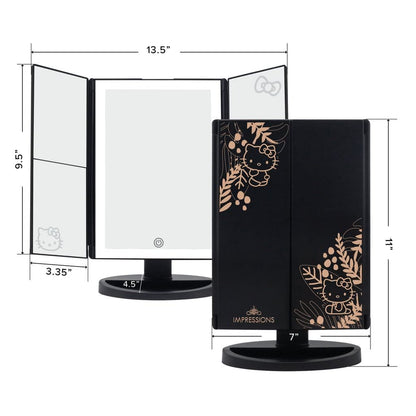 Impressions Vanity Hello Kitty Trifold LED Mirror, Desk Mirror with Lights and Touch Sensor Switch, Lighted Makeup Mirror with 2X and 3X Magnifying (White)