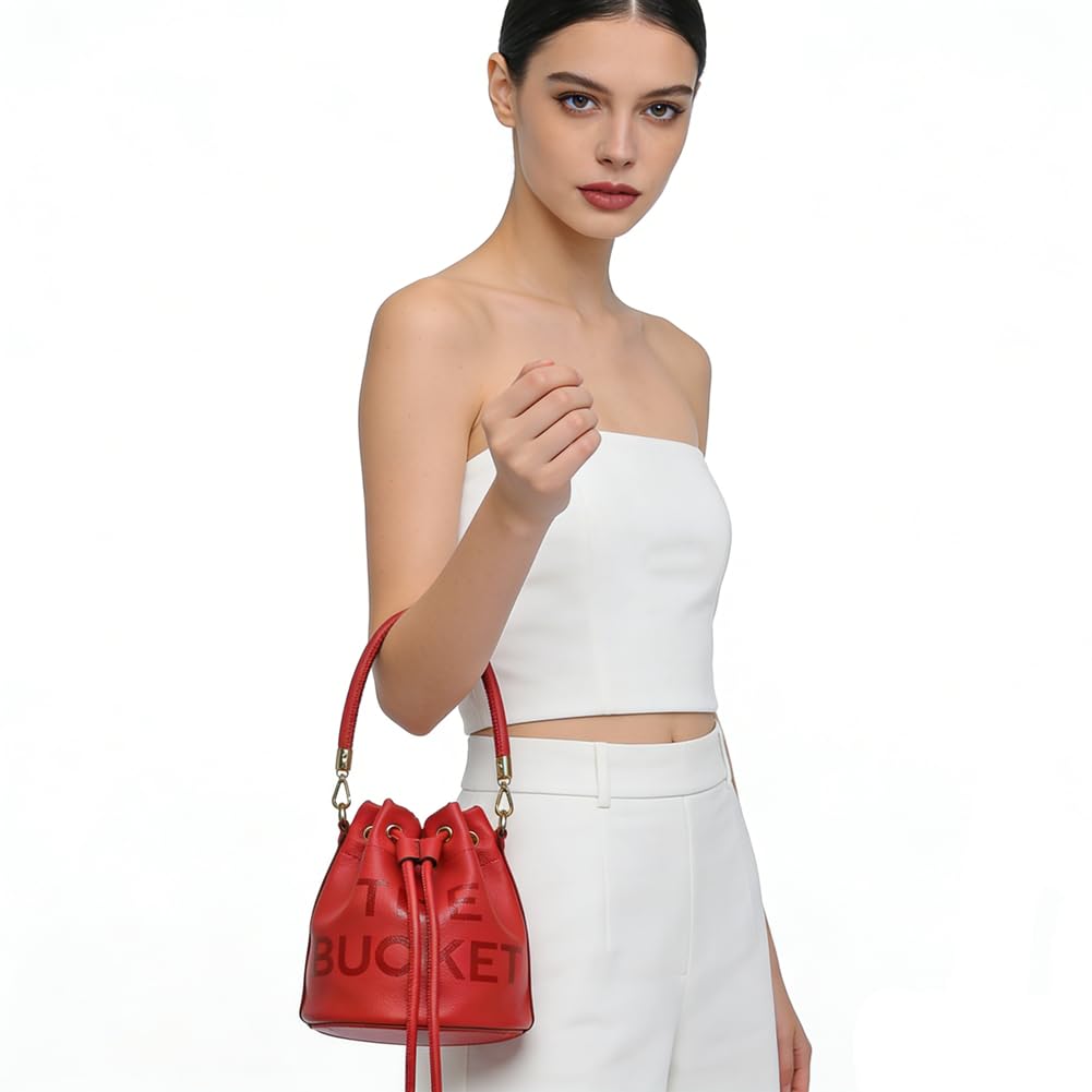 Bucket Bags and Purses For Women Small Drawstring Handbags Hobo Purse (Red)